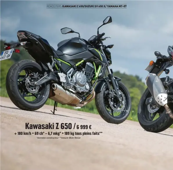  ??  ?? Kawasaki Z 650 / 6 999 € + 180 km/ h • 69 ch* – 6,7 mkg* • 189 kg tous pleins faits** *données constructe­ur **mesure Moto Revue