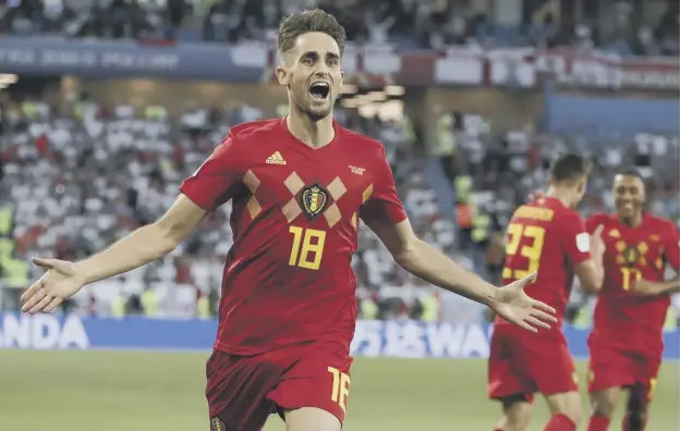  ??  ?? 0 Belgium’s Adnan Januzaj celebrates after scoring what turned out to be the winning goal in the Red Devils’ 1-0 Group G victory over England at the Kaliningra­d Stadium.