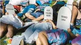  ?? FILE ?? Protesters lie on the ground holding signs shaped like tombstones in front of the Marriott Fort Lauderdale Airport as the Florida Board of Medicine met inside last August.