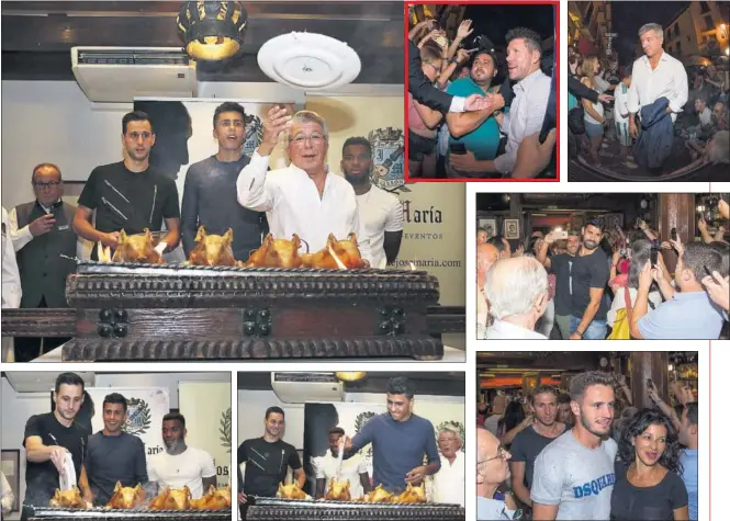  ??  ?? CITA ESPECIAL. Como cada verano, el Atlético celebró una cena en José María (Segovia). Kalinic, Rodrigo, Lemar y el presidente Cerezo cortaron el cochinillo siguiendo la tradición.