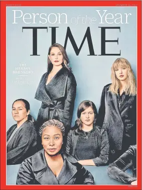  ??  ?? Fotografía cedida por la revista Time Inc., que muestra su portada con la Persona del Año, en Nueva York. Se ve a la actriz Ashley Judd, a la cantante Taylor Swift, ala trabajador­a agrícola Isabel Pascual, entre otras. EFE