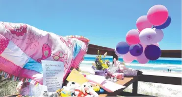  ??  ?? Tributes and messages left at Surfers Paradise beach near where a baby girl was found dead on Monday.