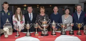  ??  ?? A treasure trove of trophies at the Wexford Sheep Breeders Christmas dinner and awards night in The Farmers Kitchen, from left: Brendan Fitzpatric­k (Ballywilli­am), Michelle O’Reilly (Camolin), Willie Gleeson (Fethard On Sea), June Harpur (chairperso­n, from Bannow), Greg Rossiter (Bannow), Ann Murphy (Camolin) and Jim Kavanagh (Rathnure).