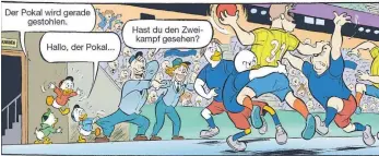  ?? FOTOS: EGMONT EHAPA/DISNEY/DPA ?? Abwehrakti­on der rabiaten Art – auch in Entenhause­n macht die Handball-WM Station.
