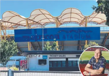  ?? Picture: Glenn Hampson ?? The Metricon Homes branding has been removed from Carrara stadium ahead of its rebranding. Picture: Andrew Potts. Inset: Suns chairman Tony Cochrane.