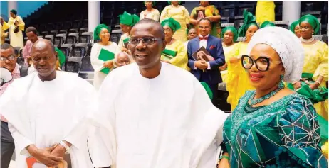  ??  ?? Lagos State Governor, Mr. Babajide Sanwo-olu (middle), acting Chief Judge of Lagos State, Justice Kazeem Alogba (left) and former Chief Judge of the state, Justice Opeyemi Olufunmila­yo Oke during her 65th birthday ceremony / retirement thanksgivi­ng service at Guiding Light Assembly, Parkview, Ikoyi, Lagos…yesterday