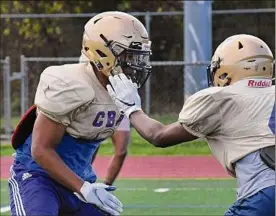  ?? ?? CBA middle linebacker Jaylen Riggins, left, has made 29 solo stops (11 for a loss), 30 assisted tackles and scored two defensive TDS.