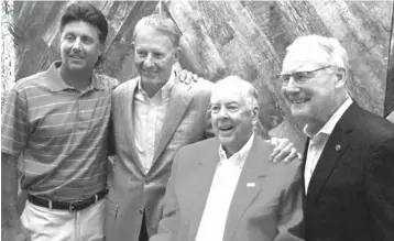  ?? Bill Haisten/Tulsa World via AP ?? ■ From left, Oklahoma State football coach Mike Gundy, athletic director Mike Holder, T. Boone Pickens and Oklahoma State president Burns Hargis pose for a photo at a party for Pickens’ 90th birthday on May 19 at the Dallas Country Club in Dallas....