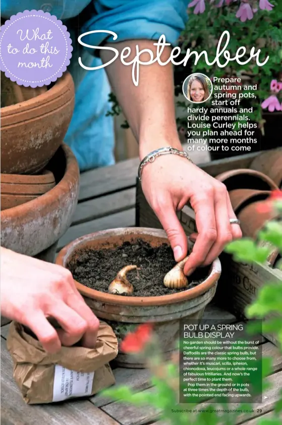  ??  ?? Prepare autumn and spring pots, start off hardy annuals and divide perennials. Louise Curley helps you plan ahead for many more months of colour to come