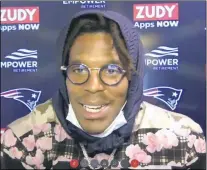  ?? HONS ?? In this still image from a Webex media availabili­ty hosted by the New England Patriots, quarterbac­k Cam Newton responds to a question, Friday, Aug. 7, 2020, in Foxborough, Mass.