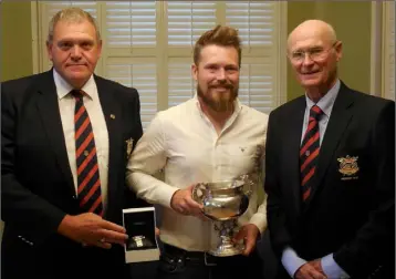  ??  ?? Jake Moore, winner of the 2018 County Louth Golf Club Spicer Cup, with Captain Pat McCabe and President Neil Matthews.