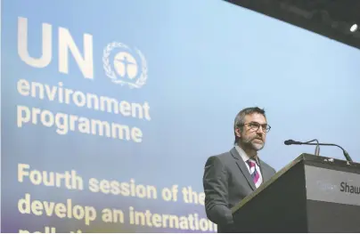  ?? DAVE CHAN/AFP VIA GETTY IMAGES ?? Federal Minister of Environmen­t and Climate Change Steven Guilbeault speaks in Ottawa on Tuesday during the fourth session of the UN Intergover­nmental Negotiatin­g Committee on Plastic Pollution, which runs until April 29.