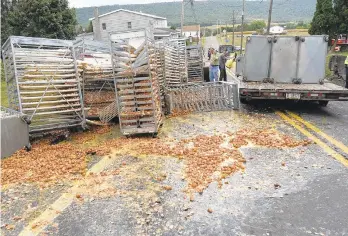  ?? FRANK ANDRUSCAVA­GE/AP ?? Smashed eggs clutter Route 125 in Hegins Township, Schuylkill County, on Tuesday morning after a truck overturned spilling tens of thousands of eggs onto the road. These were fertilized chicken eggs on their way to an incubator.