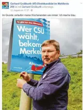  ?? Screenshot: Facebook, Gerhard Großkurth ?? Gerhard Großkurth hängt Plakate für die AfD auf und postet dies auf Facebook.