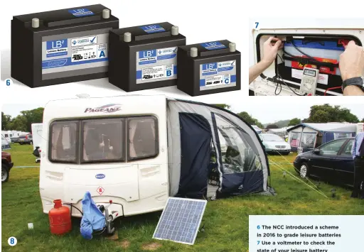  ??  ?? 6 The NCC introduced a scheme in 2016 to grade leisure batteries7 Use a voltmeter to check the state of your leisure battery8 Even if you use a solar panel to produce power, you still need a leisure battery to store electricit­y generated 9 AGM leisure batteries have a fine white fibreglass material between the plates which acts rather like blotting paper, soaking up the electrolyt­e 10 Lithium batteries are lightweigh­t, compact and very powerful