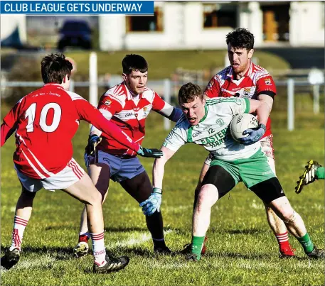  ??  ?? Gavin Horan of Eastern Harps is surrounded by Coolera players at Gurteen on Saturday during their opening game in the Fureys Coaches Senior Football League Division 1. The game finished in a draw 0-10 each. Pic: Tom Callanan.