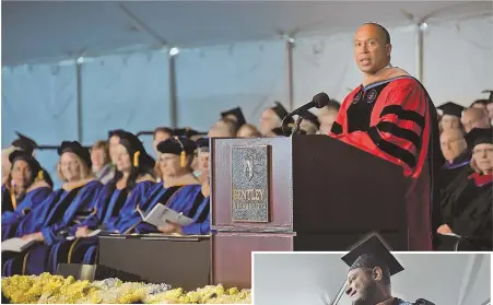  ?? STAFF PHOTOS BY PATRICK WHITTEMORE ?? GETTING REAL: Former Gov. Deval Patrick, above, delivers a speech yesterday to Bentley University graduates, below. A student, right, waves.