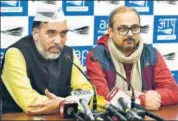  ?? PTI ?? Senior AAP leaders Gopal Rai and Dilip Pandey address a press conference in New Delhi on Sunday.