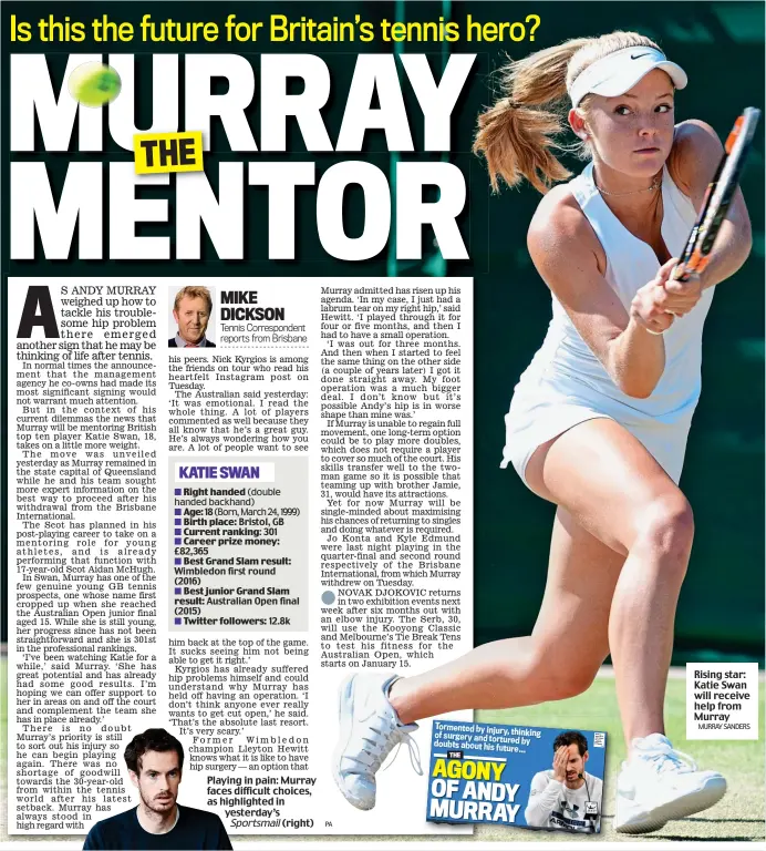  ?? MURRAY SANDERS ?? Playing in pain: Murray faces difficult choices, as highlighte­d in yesterday’s Sportsmail (right) Rising star: Katie Swan will receive help from Murray