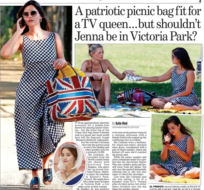  ??  ?? AL FRESCO: Jenna Coleman soaks up the sun on a picnic with a pal and, inset left, as she is in Victoria