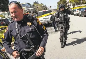  ?? Joel Angel Juarez / Special to The Chronicle ?? Police respond to the shootings at YouTube headquarte­rs. From inside the besieged facility and from those who had fled, Internet updates kept the world informed. Employees tweeted as they headed away from the scene, and checked in as “safe” on Facebook.