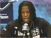  ?? (Screenshot via CBSSports.com) ?? JERRY JEUDY speaks at his press conference at the NFL scouting combine in February, with his Star of David necklace clearly visible.