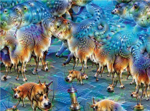  ??  ?? If you train a neural network to identify dogs, then process the same image 50 times, this is the result; here thanks to Google’s DeepDream.