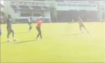  ??  ?? Members of the Guyana Jaguars team going through their paces with the pink ball yesterday at Providence.