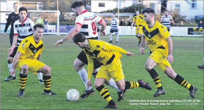  ?? Picture: Chris Davey FM4644059 ?? Ashford close in on Deal during Saturday’s 4-1 win at the Charles Ground. Report, page 58