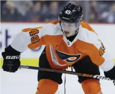  ?? AP FILE ?? NOT LIKE A ROOKIE: The Flyers' Joel Farabee gets set for a faceoff during a game against the Penguins.