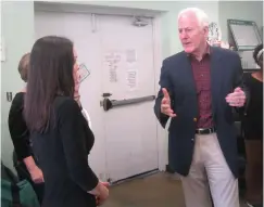  ?? Staff photo by Greg Bischof ?? ■ U.S. Sen. John Cornyn and Randy Sams’ Outreach Shelter Executive Director Jennifer Lacefield speak about the shelter’s operations.