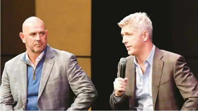  ?? MATT BUTTON/BALTIMORE SUN MEDIA ?? Orioles general manager Mike Elias, right, talks alongside manager Brandon Hyde during the team’s Birdland Caravan event at Bel Air High School on Thursday. “I believe that our rebuild is behind us,” Elias said Friday.