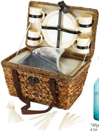  ?? ?? Bamboo 21-piece insulated picnic basket, $40; Bed Bath & Beyond “Miguel” bottle, $20; Crate and Barrel