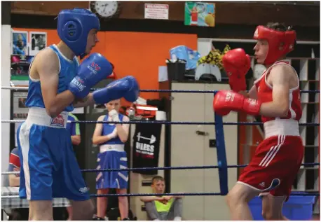  ??  ?? RIGHT: Kenneth Buckley and Luke Price going head to head in the ring at the Duhallow Boxing Club Tournament in Kanturk. Photo by Sheila Fitzgerald.