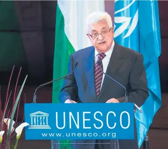  ?? Afp ?? DISCORDIA. El presidente palestino, Mahmud Abbas, brindó recienteme­nte un discurso en la sede de la UNESCO en París.