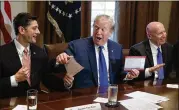  ?? EVAN VUCCI / AP ?? President Donald Trump, flanked by House Speaker Paul Ryan (left), R-Wis., and House Ways and Means Committee Chairman Rep. Kevin Brady, R-The Woodlands, holds an example of what a new tax form may look like.