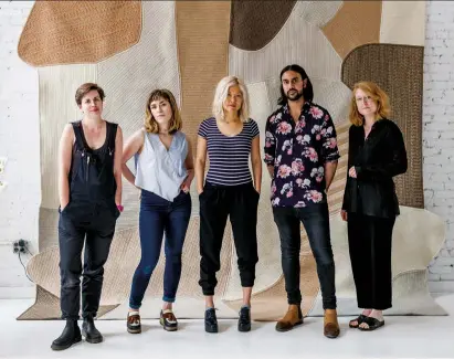  ??  ?? ABOVE: The Colony team – Sam Bennett, Madeleine Parsons, Jean Lin, Samir Nandwani and Emily R. Pellerin – in front of Grain’s Walling Rug.