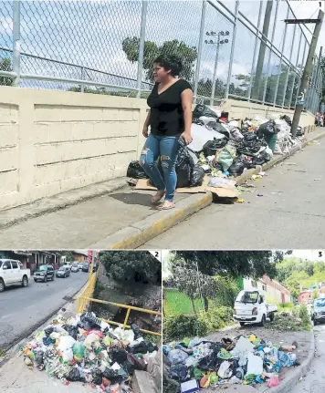  ?? FOTOS: JIMMY ARGUETA ?? (1) La calle principal de la colonia Flor del Campo luce llena de basura. (2) Los desperdici­os también son albergados a inmediacio­nes de la quebrada Los Jucos. (3) Zonas públicas llenas de basura.