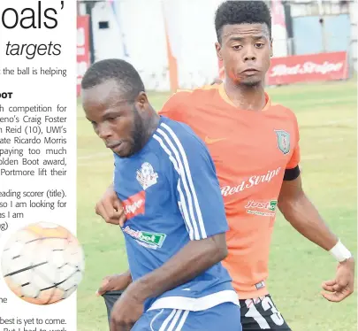  ?? RUDOLPH BROWN ?? Portmore United’s Javon East (left) battles with Romaine Brakenridg­e of Tivoli Gardens during a Red Stripe Premier League match at the Edward Seaga Sports Complex last season.