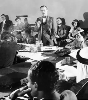  ??  ?? Lester B. Pearson, then Canadian ambassador to the United States, speaks to a United Nations committee in San Francisco, 1945. Pearson became Canada’s prime minister in 1963.