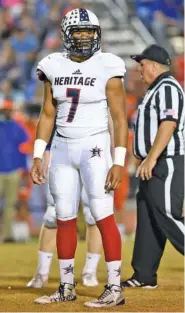  ?? STAFF PHOTO BY ROBIN RUDD ?? Linebacker Zaine Burton leads the much-improved Heritage defense with 24 tackles for lost yardage this season. Jeffrey Curtis and Hank Weldon have also stood out.