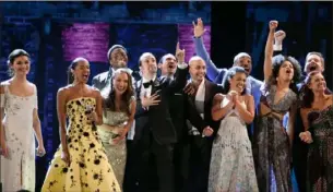  ?? Sara Krulwich/New York Times ?? Renee Elise Goldsberry, left in yellow, and cast of Hamilton perform “The Schuyler Sisters” to close 2016 Tony Awards at the Beacon Theater in New York.