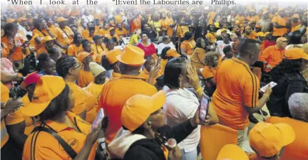  ?? ?? People’s National Party supporters gather at the presentati­on of candidates for Manchester, on Sunday at Hatfield Primary School.