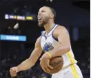  ?? AP photo ?? Stephen Curry of the Warriors celebrates in the final minute of Golden State’s 101-98 win over the Memphis Grizzlies in Game 4 Monday.