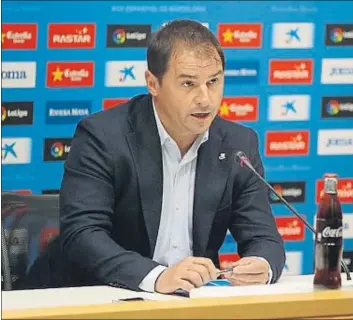  ?? RCD ESPANYOL ?? Jordi Lardín, ayer durante su rueda de prensa en el estadio de Cornellà