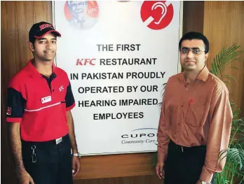  ??  ?? Madiha and Zahid, top, have managed to find employment, thanks to Deaf Reach. There are five KFC outlets in Pakistan that are operated by mainly hearingimp­aired employees, above. The Deaf Reach children bagged straight A grades, top right, in this...