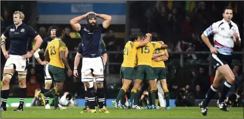  ??  ?? Fast exit: Referee Craig Joubert, right, makes a speedy getaway after his mistake handed Australia a last-minute victory