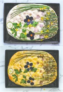  ?? Aimée Wimbush- Bourque ?? Aimée WimbushBou­rque and her children made a floral focaccia using vegetable scraps and fresh herbs, pictured here before baking (top) and after (bottom).
