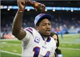  ?? AP PHOTO/PAUL SANCYA ?? Buffalo Bills wide receiver Stefon Diggs raises a turkey leg after an NFL football game against the Detroit Lions, Thursday, Nov. 24, 2022, in Detroit.