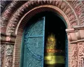  ??  ?? Top: Watts Chapel. Below, from left: the angel-adorned doorway; art nouveau interior; Mary Watts and collaborat­ors, c1902